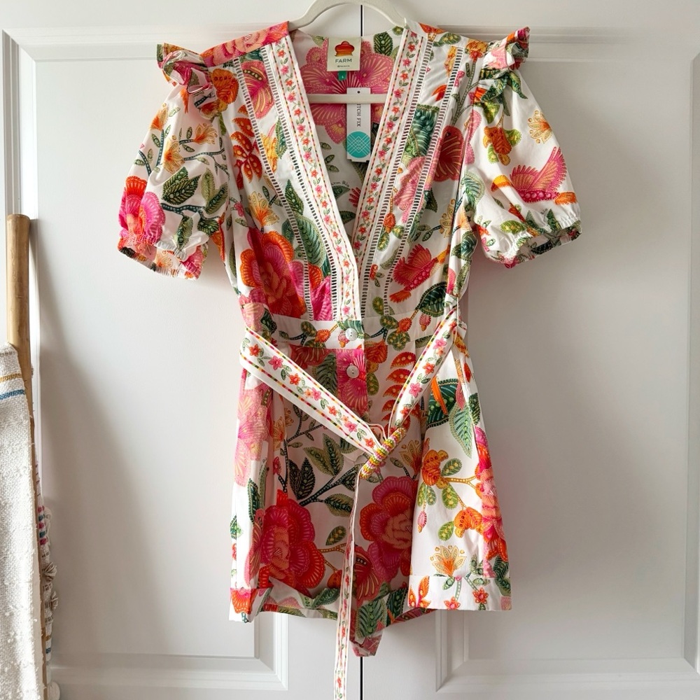 NWT FARM Rio Pink, Green & Orange Tropical Floral Belted Romper - Picture 6 of 15